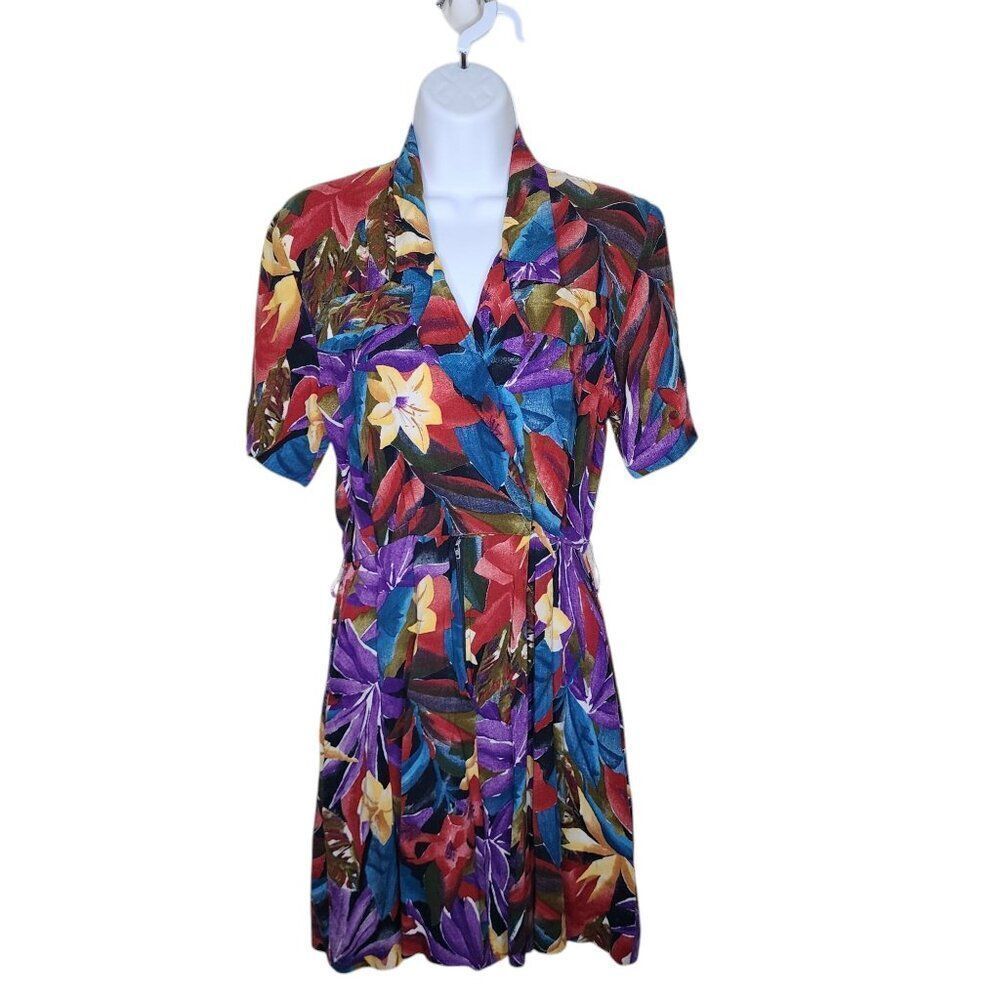 Vintage 80s Short Sleeve Tropical Floral Romper Womens Size S Purple Multi